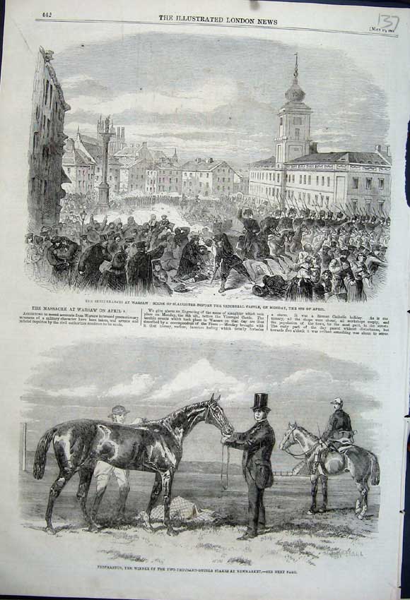 Old Antique Print 1861 Diophantus Horse Newmarket Warsaw Vicergal Castle 19th