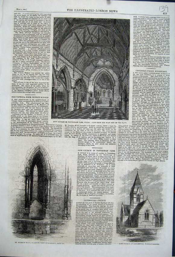 Original Old Antique Print Mungo Well Glasgow 1861 Church Daylesford Tottenham