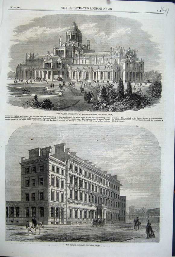 Original Old Antique Print 1861 Palace Hotel Buckingham Gate Industry Amsterdam