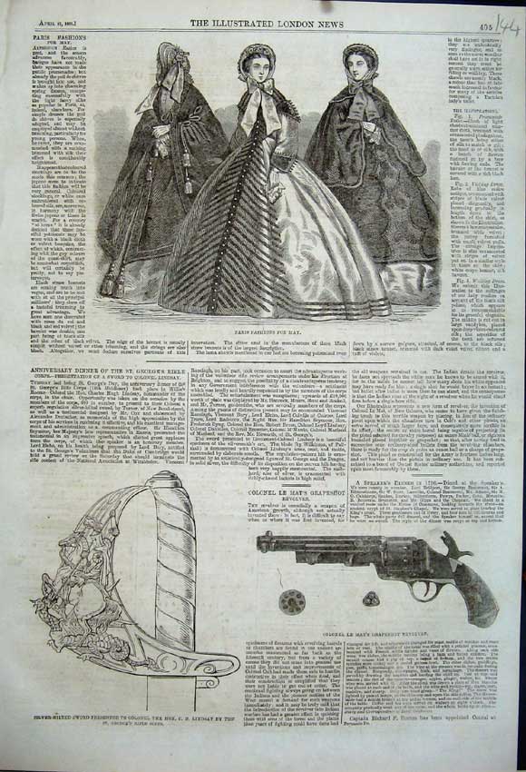 Old Antique Print 1863 Colonel Mat'S Revolver Sword Lindsay Paris Fashion 19th