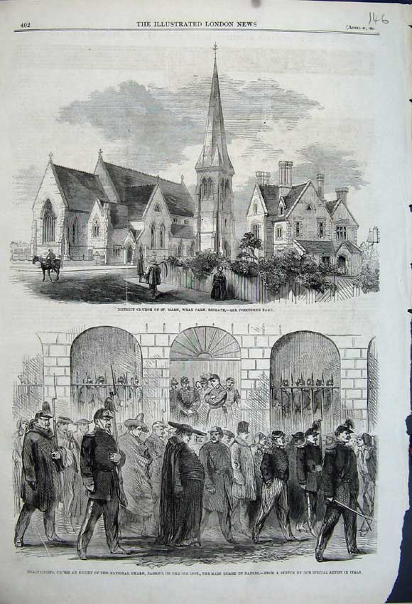 Old Antique Print 1861 Church Mary Wray Reigate Reactionist Guard Naples 19th