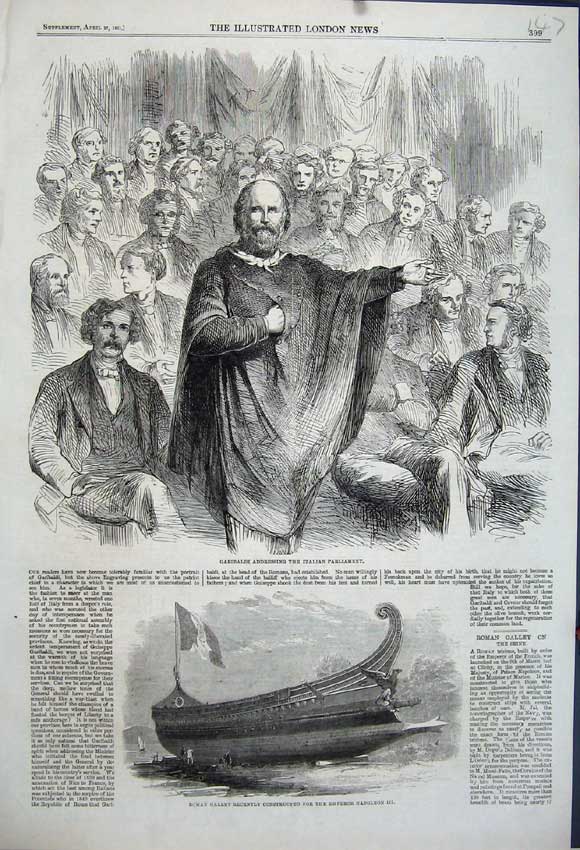 Old Antique Print Garibaldi Italian Parliament Roman Galley Napoleon Ship