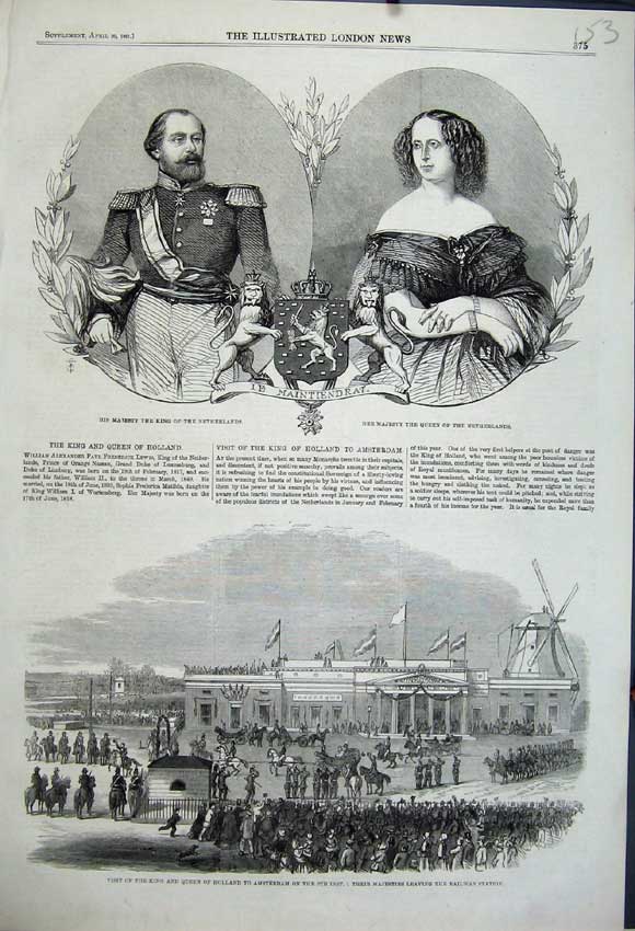 Old Antique Print 1861 King Holland Amsterdam Railway Netherlands Queen 19th