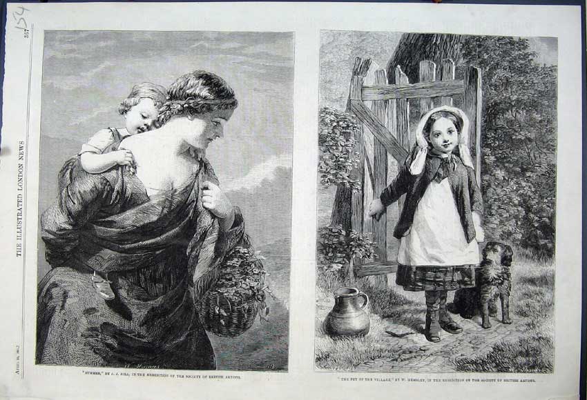 Old Antique Print 1861 British Artists Girl Puppy Dog Mother Child Basket 19th