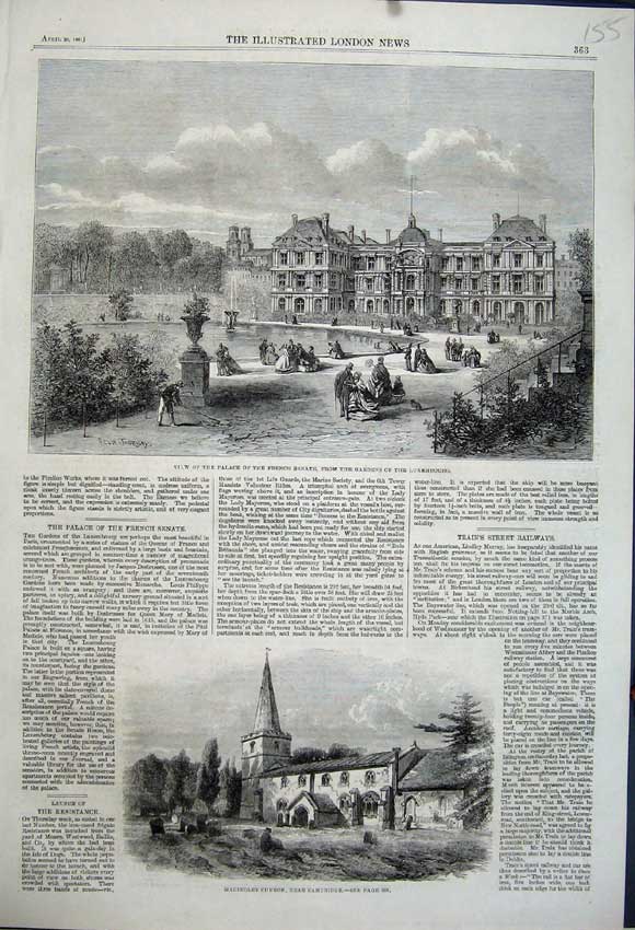 Old Antique Print 1861 Palace French Senate Luxembourg Madingley Church 19th