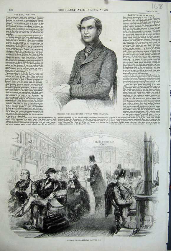 Original Old Antique Print 1861 Interior America Railway Train John Rose Canada