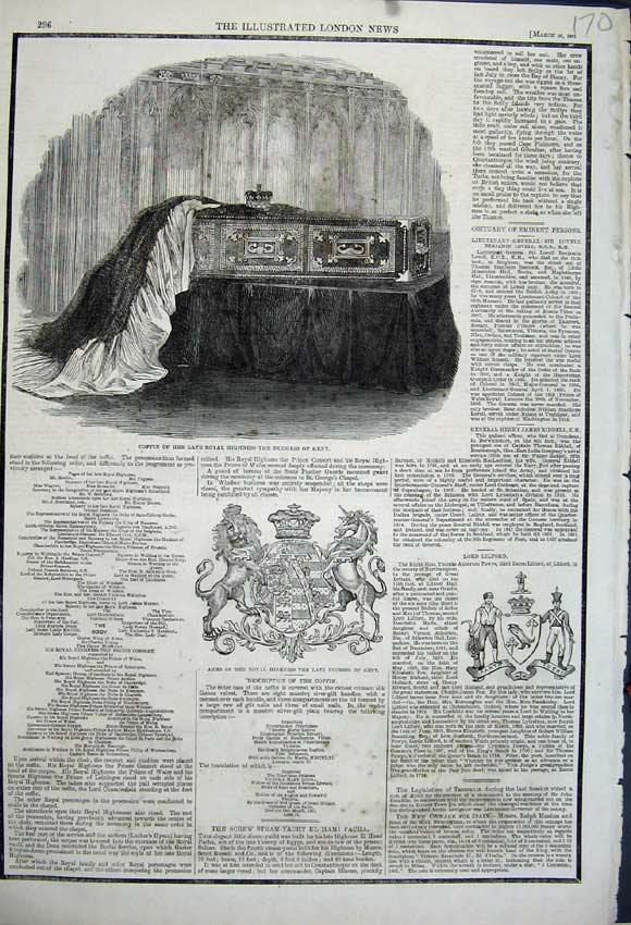 Original Old Antique Print 1861 Coffin Royal Highness Duchess Kent Arms Royal
