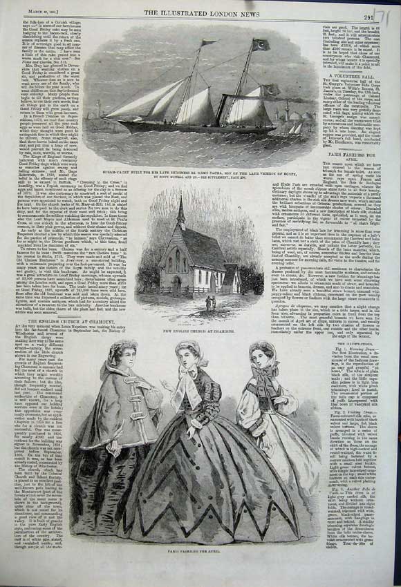 Old Antique Print 1861 Paris Fashion Church Chamouni Yacht Viceroy Egypt 19th