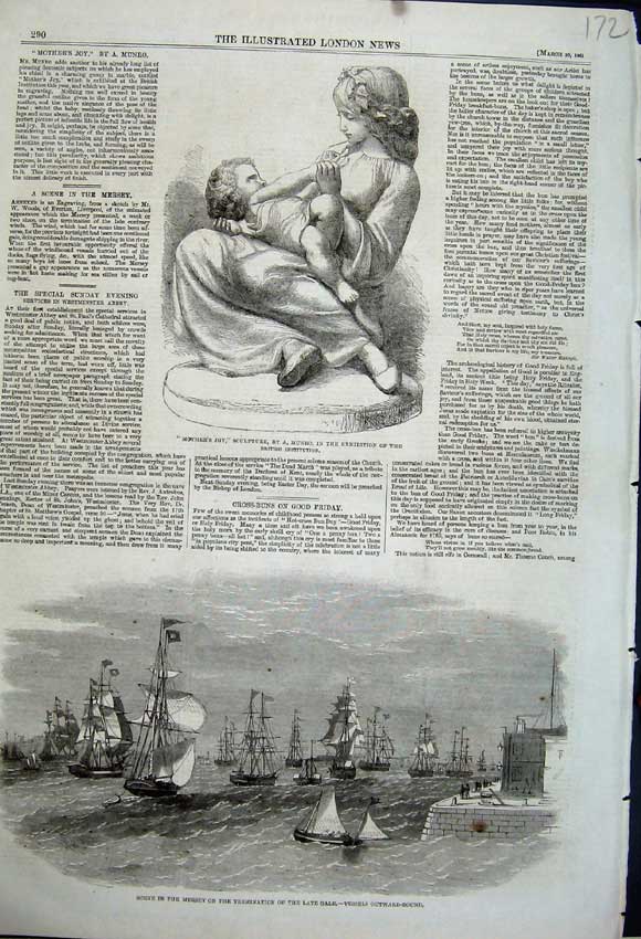 Old Antique Print 1861 Sailing Ship Mersey Mother'S Joy Sculpture Munro 19th