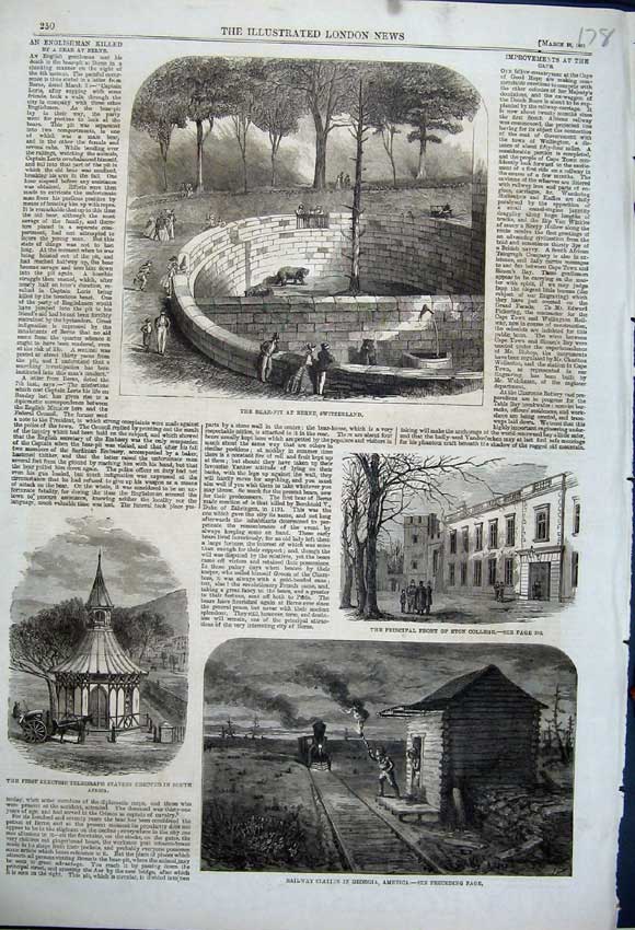 Old Antique Print 1861 Bear-Pit Switzerland Railway Station America Eton 19th