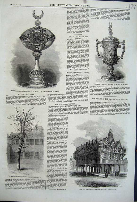 Original Old Antique Print 1861 Townhall Hereford Cup Mappin Sultan Turkey Tree
