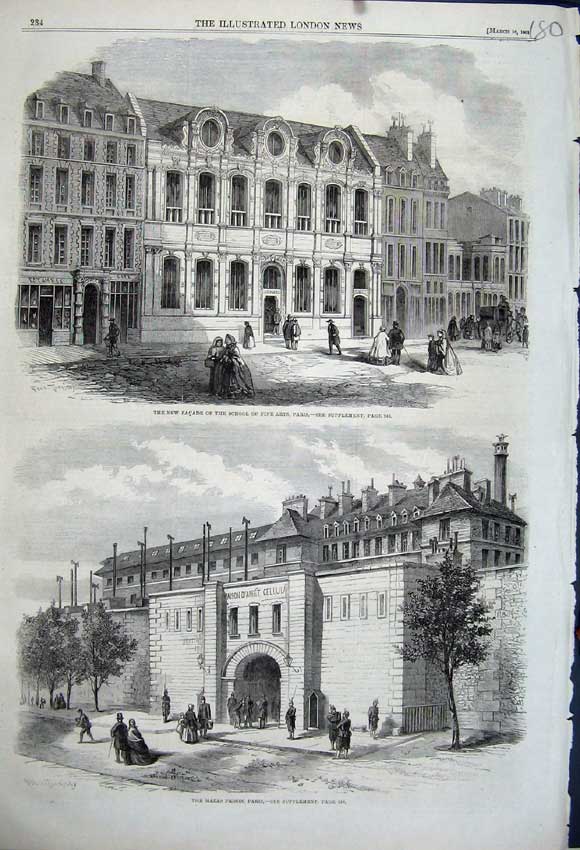 Old Antique Print 1861 Faáade School Fine Arts Paris Mazas Prison France 19th