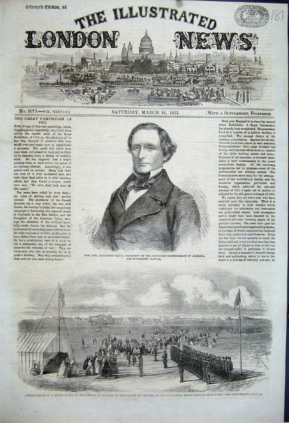 Original Old Antique Print 1861 Jefferson Davies Ladies Belfast Victoria Rifle