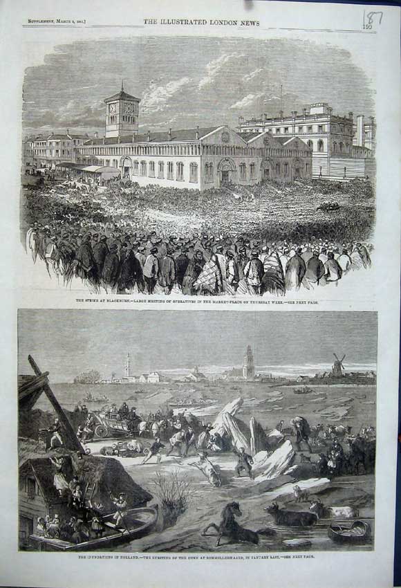 Old Antique Print 1861 Strike Blackburn Flood Dyke Holland Bommellerwaard 19th