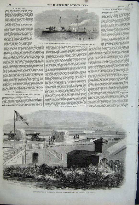 Old Antique Print 1861 Fort Moultrie Charleston Gun-Boat Emperor Russia 19th