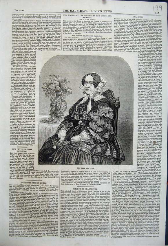 Original Old Antique Print Portrait Lady Mrs Gore Sitting Chair 1861 Victorian