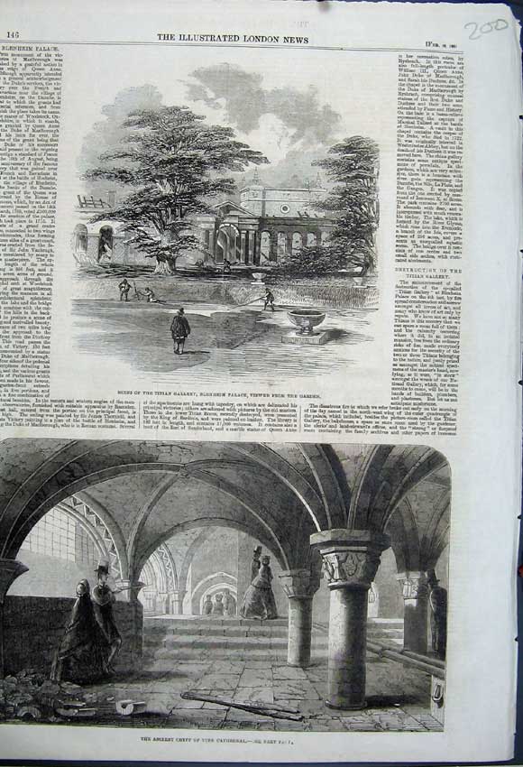Original Old Antique Print Titian Gallery Blenheim Palace 1861 Crypt Cathedral
