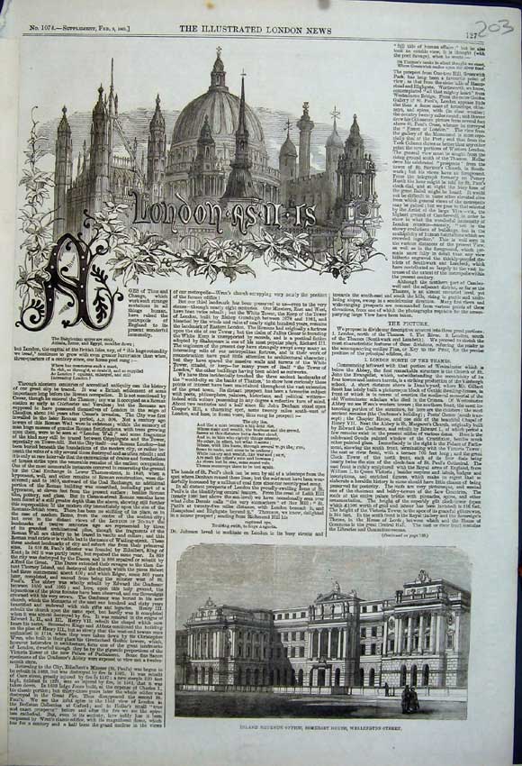 Original Old Antique Print London Inland Revenue Office Wellington Street 1861