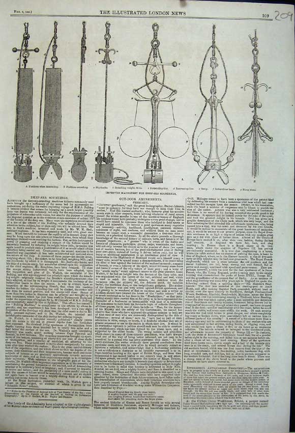 Old Antique Print 1861 Machinery Deep Sea Soundings Suspending Line Scoop 19th