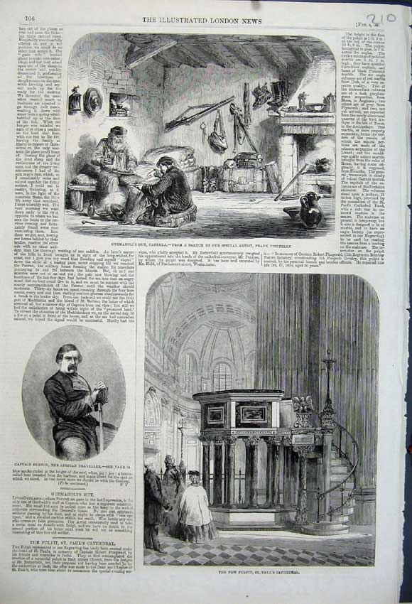 Old Antique Print 1861 Guzmaroli Hut Caprera Burton Pulpit Cathedral Paul 19th