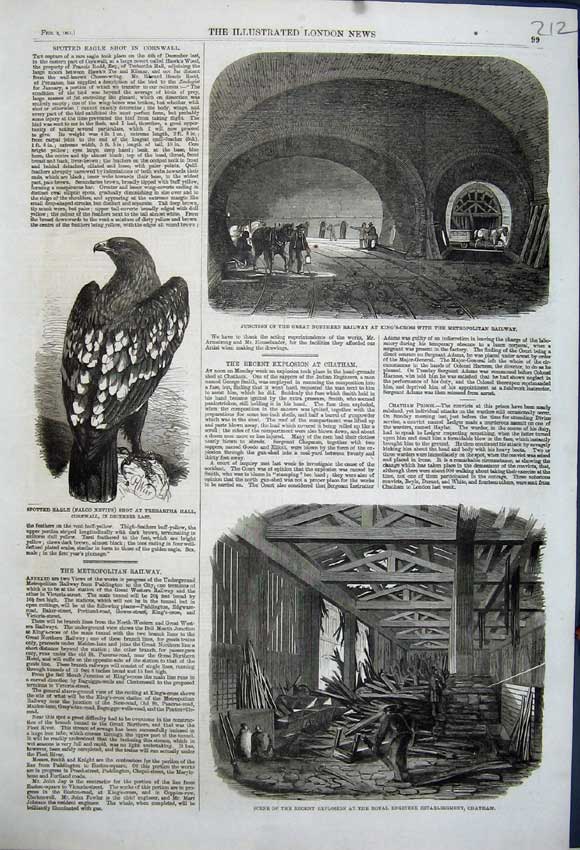 Old Antique Print 1861 Railway Spotted Eagle Explosion Engineer Chatham 19th