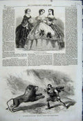 Old Antique Print 1861 Paris Fashion Dresses Theatre Crockett Lion Tamer 19th