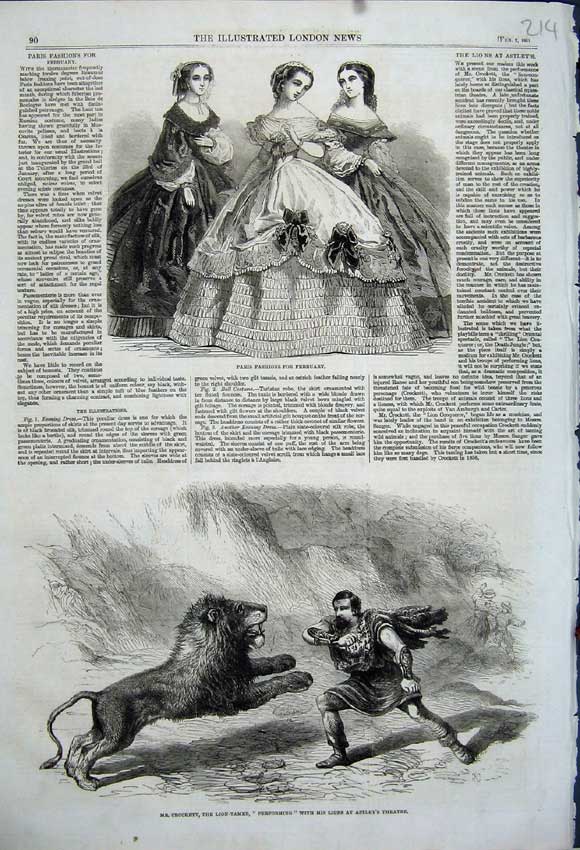 Old Antique Print 1861 Paris Fashion Dresses Theatre Crockett Lion Tamer 19th