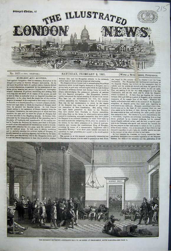 Old Antique Print 1861 Entrance Hotel Charleston South Carolina America 19th