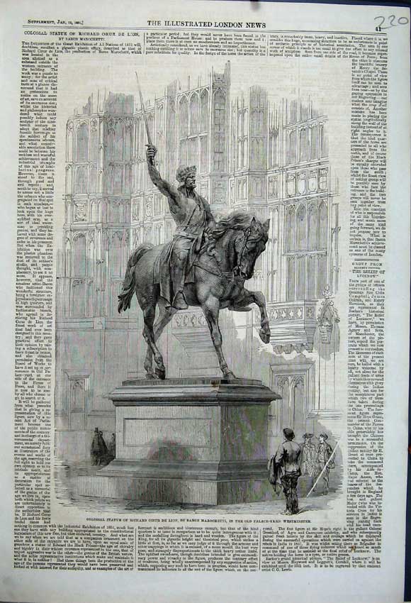 Old Antique Print 1861 Statue Richard Coeur Lion Palace Yard Westminster 19th