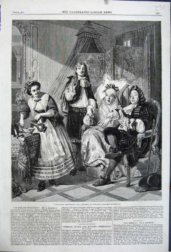 Old Antique Print 1861 Painting Malade Imaginaire Solomon Royal Academy 19th