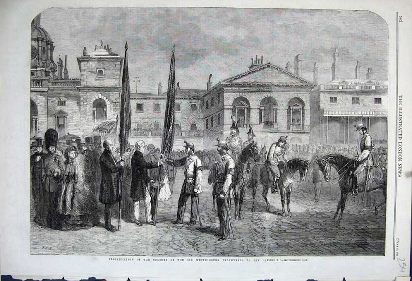 Old Antique Print 1861 Presentation Colours Westminster Volunteers Queen 19th