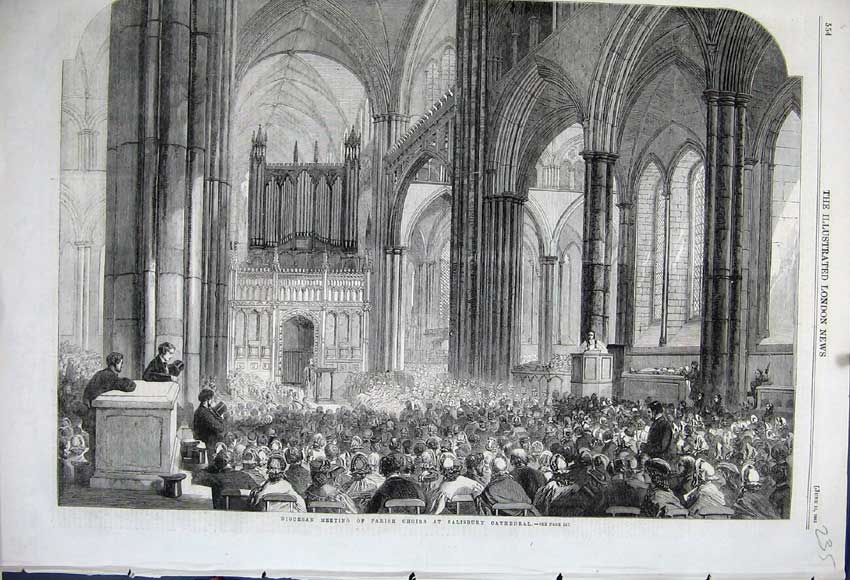 Old Antique Print 1861 Diocesan Meeting Parish Choirs Salisbury Cathedral 19th