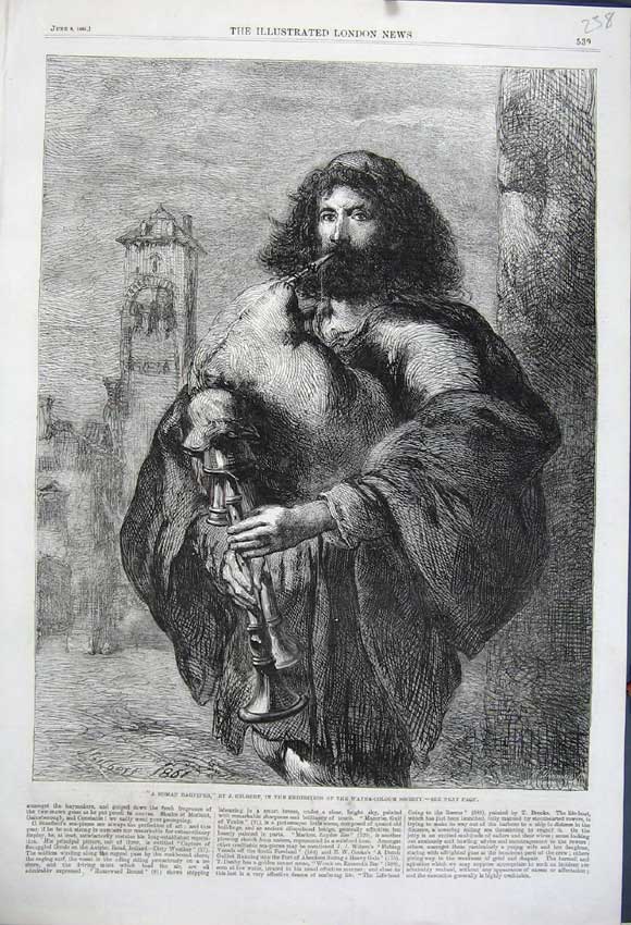 Old Antique Print 1861 Roman Bagpiper Music Gilbert Water Colour Society 19th
