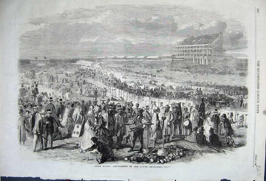 Original Old Antique Print 1861 Epsom Horse Races Amusements Downs Horse Sport
