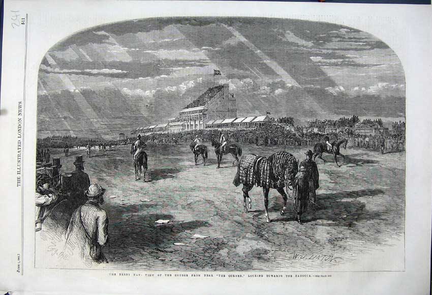 Old Antique Print 1861 Derby Horse Races View Course Corner Paddock Sport 19th