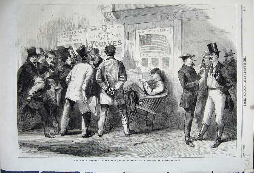 Original Old Antique Print 1861 War Excitement New York Fire-Engine House Men