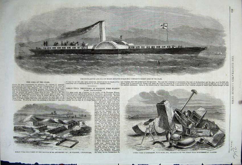Old Antique Print 1861 Roman Villa Steam-Boat Lord Isles Piers Hypocaust 19th