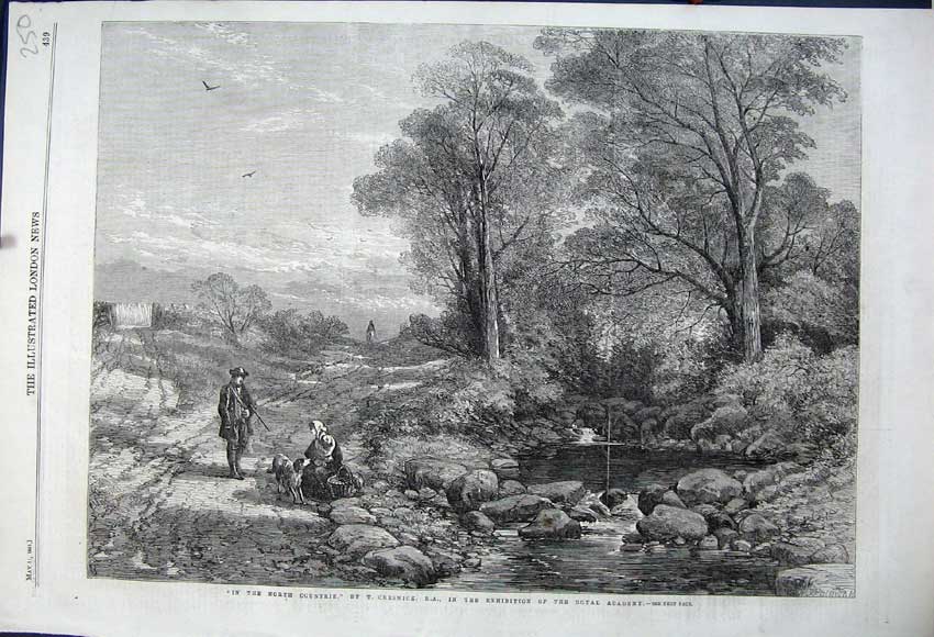 Old Antique Print 1861 Country Scene Trees Lake Hunter Royal Academy Art 19th