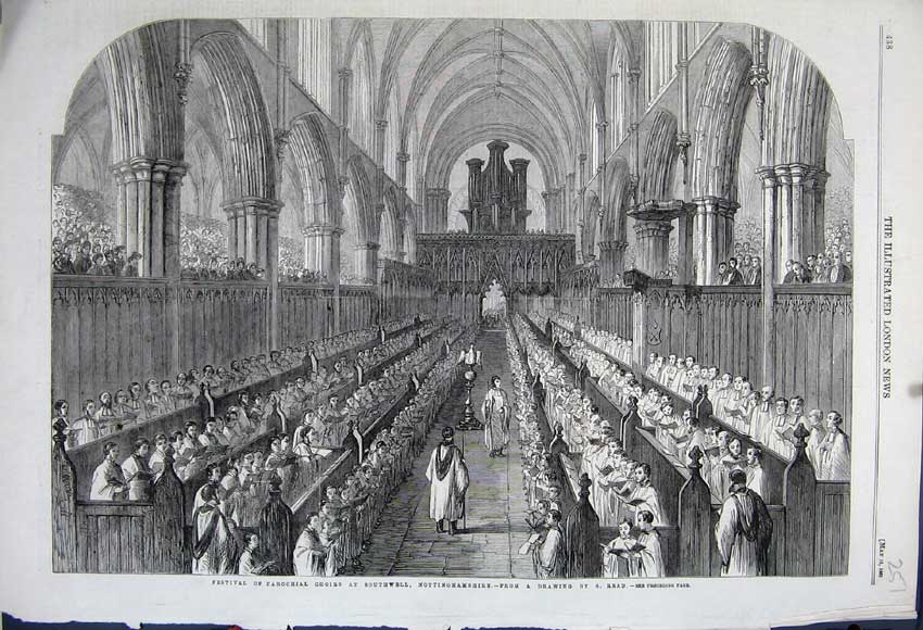 Old Antique Print 1861 Festival Parochial Choir Southwell Nottinghamshire 19th
