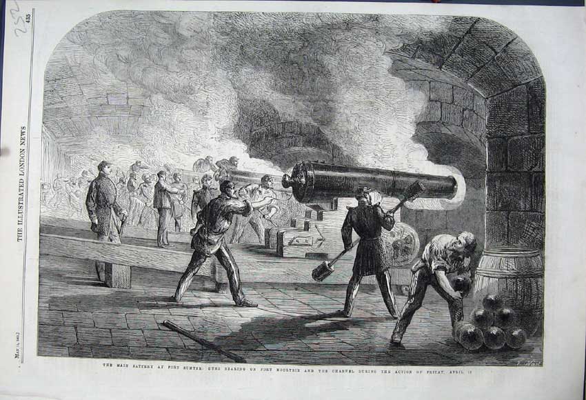 Old Antique Print 1861 Main Battery Fort Sumter Fort Moultrie Cannon Guns 19th