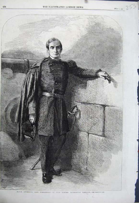Original Old Antique Print 1861 Major Anderson Commandant Fort Sumter Harbour