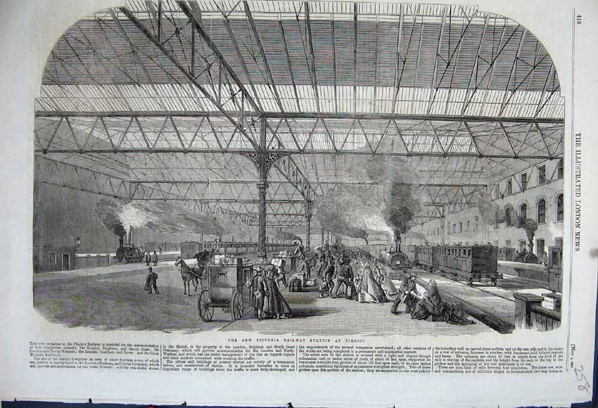 Old Antique Print 1861 New Victoria Railway Station Pimlico Train Horse 19th