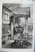 Old Antique Print Spring Return Swallows Birds 1861 Family Doorstep Dog 19th