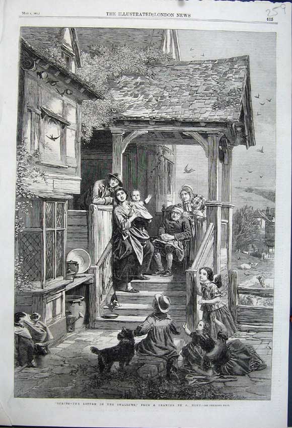 Old Antique Print Spring Return Swallows Birds 1861 Family Doorstep Dog 19th
