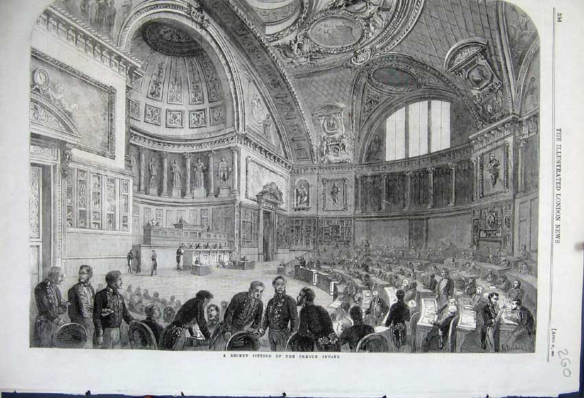 Original Old Antique Print 1861 Recent Sitting French Senate Men Meeting Hall