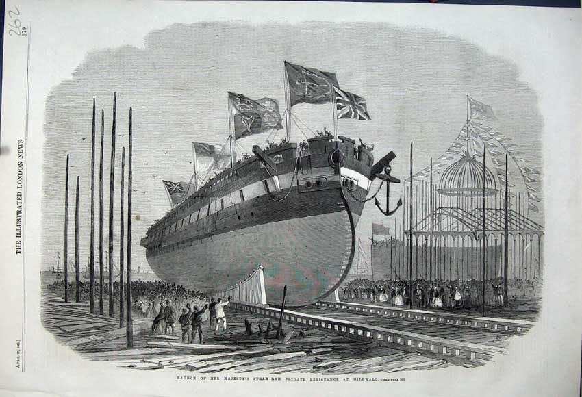 Original Old Antique Print 1861 Launch Her Majesty Steam-Ram Frigate Resistance
