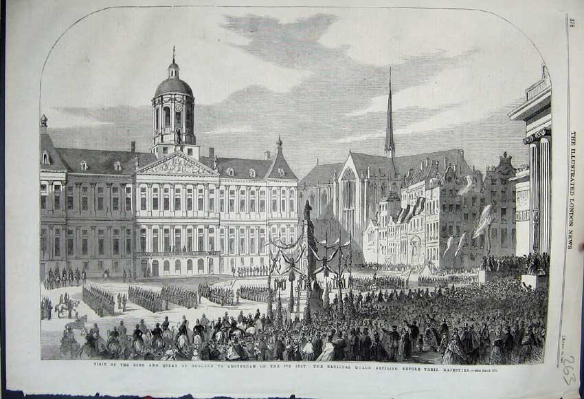 Old Antique Print King Queen Holland Amsterdam 1861 National Guard Parade 19th