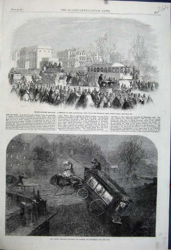 Old Antique Print 1861Railway Bayswater Hyde Park Omnibus Accident Dublin 19th