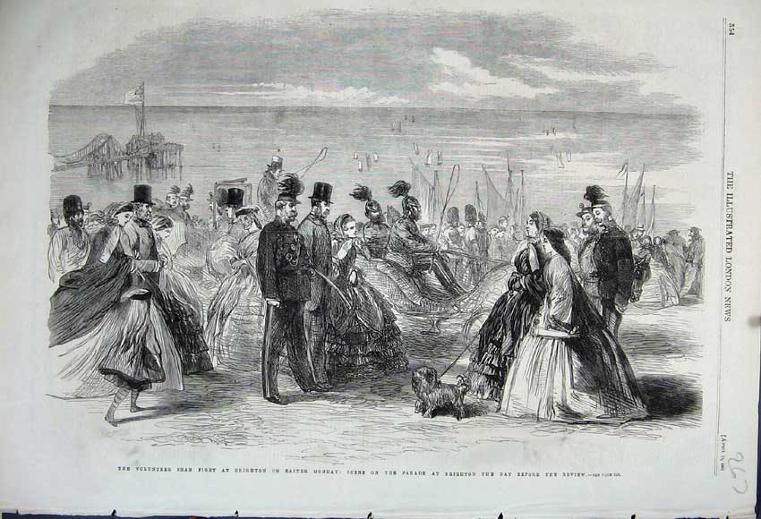 Old Antique Print 1861 Volunteer Sham Fight Brighton Parade Yachts Dogs 19th