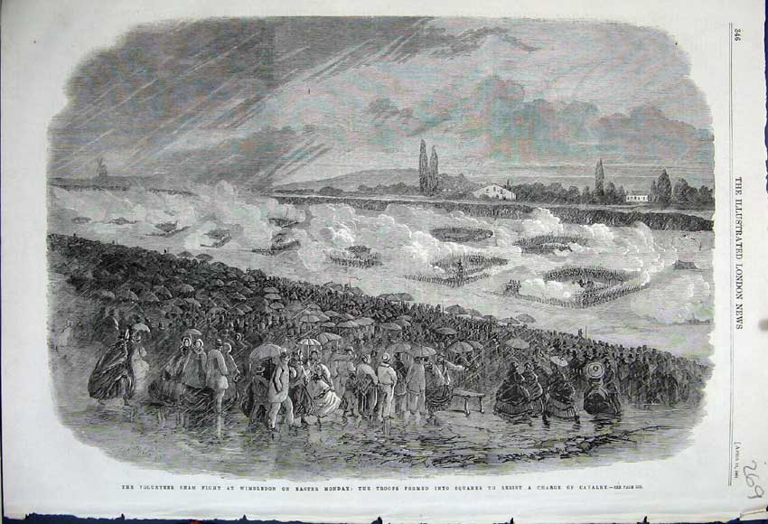 Old Antique Print 1861 Volunteer Sham Fight Wimbledon Troops War Battle 19th
